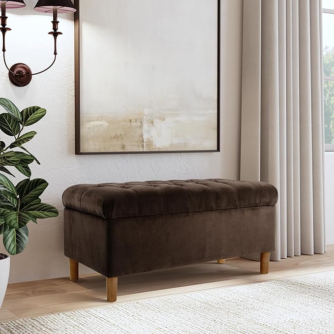 Homepop Home Decor | Tufted Ainsley Button Storage Ottoman Bench with Hinged Lid | Ottoman Bench with Storage for Living Room & Bedroom, Chocolate Brown Velvet