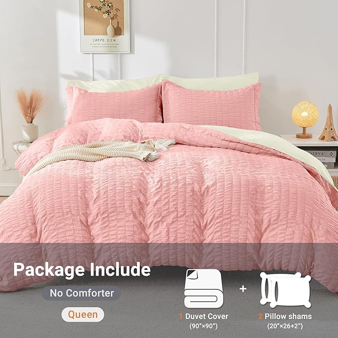 HYMOKEGE Pink/Ivory Duvet Cover King Size, Ultra Soft 3-Piece Seersucker Duvet Cover Set with Zipper Closure, Soft Brushed Microfiber Bedding Set with 8 Corner Ties (104"x90", 2 Pillowshams)
