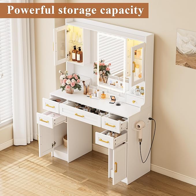 Vanity Table with Mirror and Lights, 5 Drawers, 2 Lighted Cabinets & 2 Storage Cabinets, Makeup Dressing Table, White Vanity for Bedroom Dressing Room