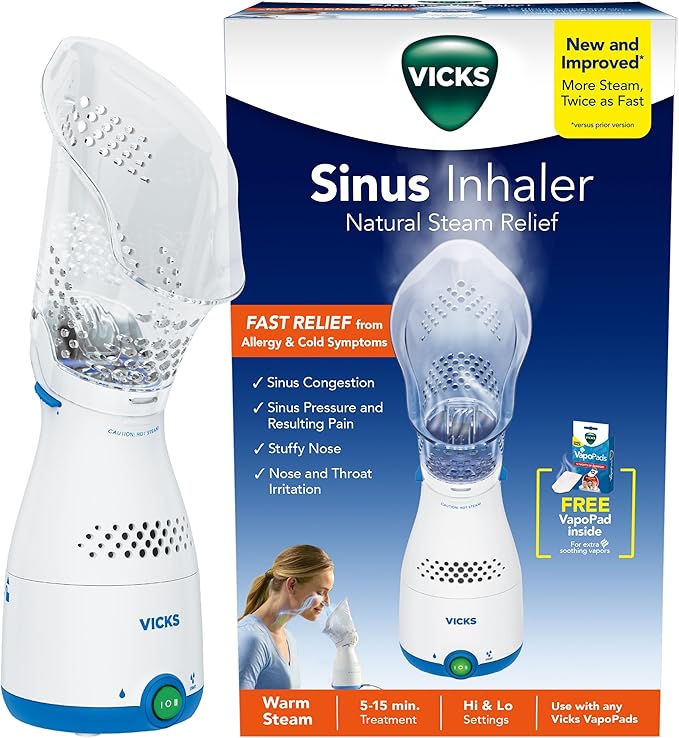 Vicks Sinus Inhaler, Plug-in Non-Medicated Steam Inhaler for Sinus Relief, Allergies, Congestion & Colds, Vocal Steamer, Soothes Nasal & Throat Passages, Works with VapoPads (1 Included)