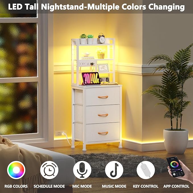 Furnulem Tall Nightstand with LED Lights and 3 Tier Shelves, Night Stand with 3 Fabric Drawers, 45.3inch Tall Bedside Tables with USB Ports and Outlets in Bedroom, Dorm, Office (White)