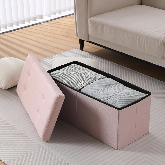 Storage Ottoman Bench Foldable Seat Footrest Shoe Bench End of Bed Storage with Flipping Lid, 75L Storage Space, 30 inches Linen Fabric Pink, OT026PK
