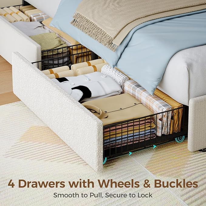 Rolanstar Twin Bed Frame with 4 Drawers and Charging Station,Twin Bed with Led Lights, Adjustable Upholstered Headboard 38.9/40.8 Inches, Sturdy, No Box Spring Needed, Natural White