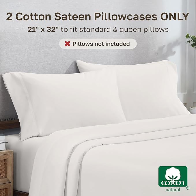 California Design Den Heirloom Soft, Smooth & Thick 800 Thread Count 100% Cotton Sateen, 2 Pillow Cases Standard Size Fits Standard & Queen Size Pillows - True Ivory