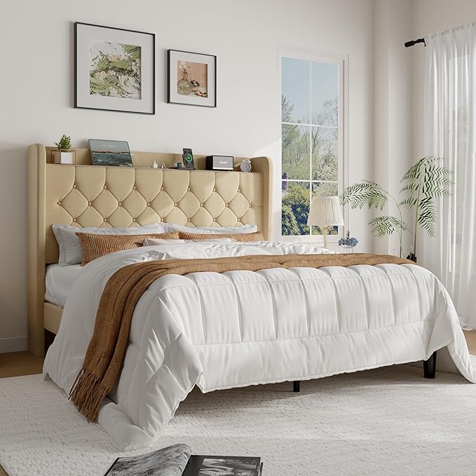 SHA CERLIN Queen Size Platform Bed Frame with Charging Station, Linen Wingback Headboard with Storage Shelf, Wooden Slats Support, Ample Under-Bed Space, No Box Spring Needed, Easy Assembly, Beige