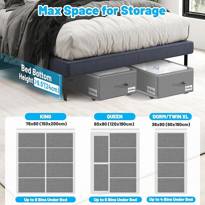 Under Bed Storage with Wheels, 2-Pack 10" Height XXL 60L Rolling Storage Bins, Quick Assembly Underbed Shoe Storage Containers with Clear Lid & Label, Dorm Under Bed Drawers for Clothes, Shoes, Grey