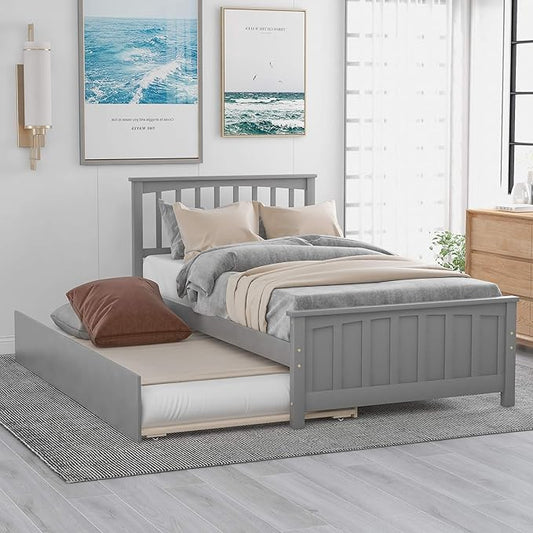 Ball & Cast Twin Bed Frames,Dyabed Platform Bed W/Pull Out Trundle Bed and Headboard,Wood Slats Support,Mattress not Included,for Bedroom,Guest Room,Apartment,Gray