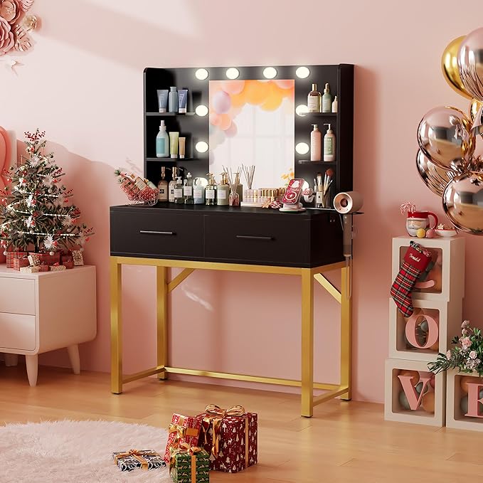 Furmax Vanity Desk with Mirror and LED Light Bulb, Small Makeup Vanity Table with Drawers, Dressing Table with Power Outlet and Hair Drayer Holder for Bedroom (Black & Gold)
