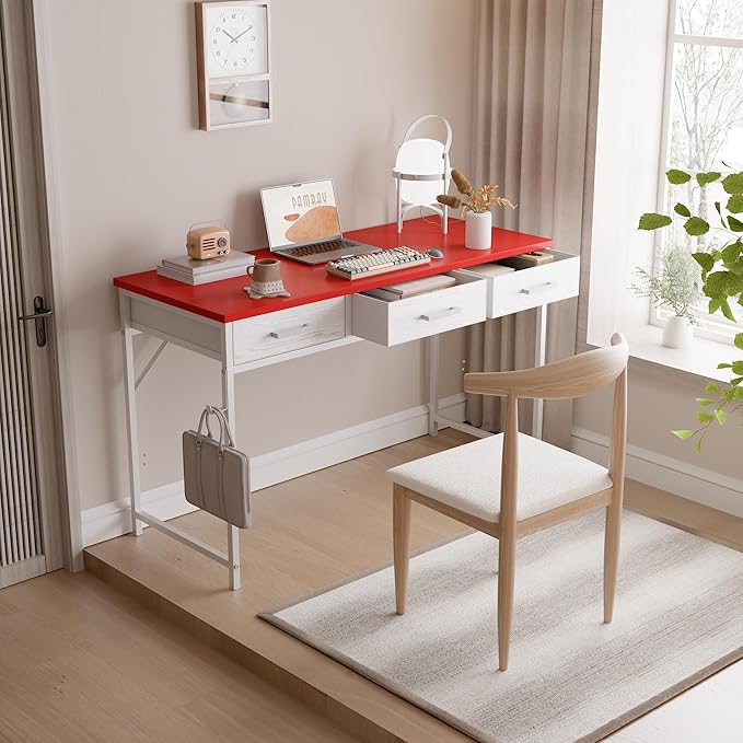Pamray 47 Inch Small Computer Desk with 3 Drawers for Bedroom Study Writing Home Office Table for Small Spaces Red