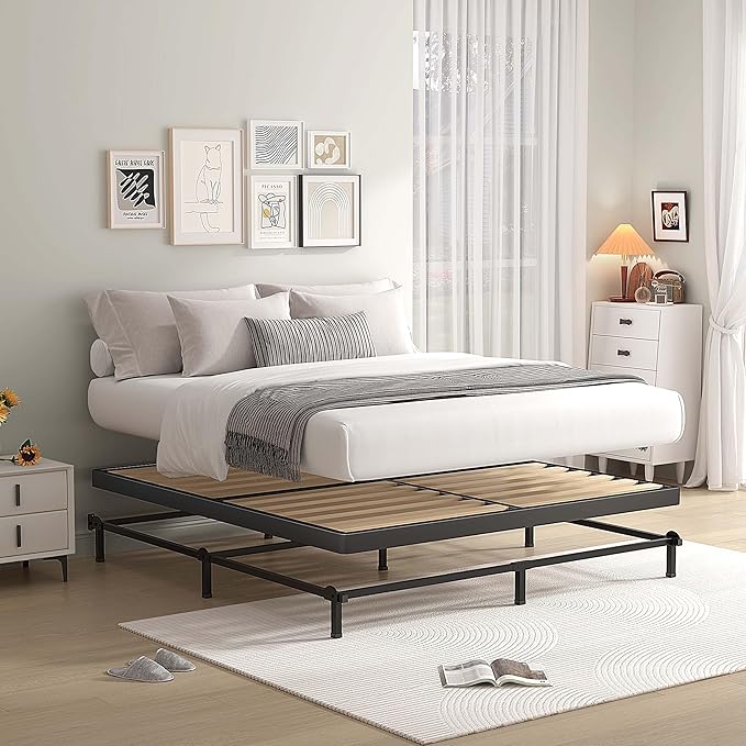 MAF Box Springs King Size 2 Inch, Low Profile King Box Spring with Round Corners, Bunkie Board with Wood Slats Bed Slat Replacement 3500 lbs Black Heavy Duty Metal Mattress Foundation, Easy Assembly