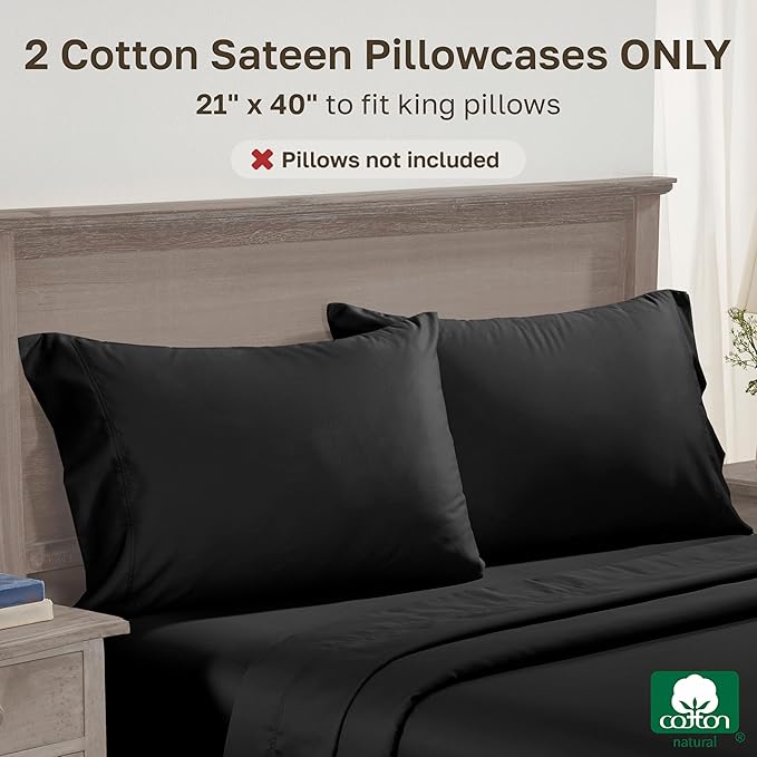 California Design Den Premium Pillow Cases King Size Set of 2-600 Thread Count Sateen, Natural 100% Cotton King Pillowcases, Crisp, Durable Bedding - Black