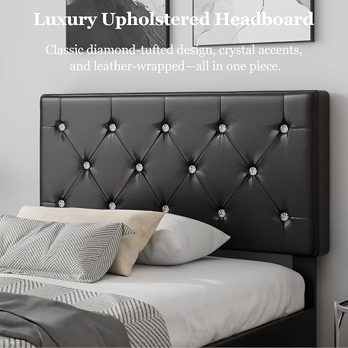 VECELO Twin Size Bed Frame with Storage Drawers, Leather Upholstered Bedframe with Diamond Tufted Headboard, Solid Wood Slat Support, No Box Spring Needed, PU Black