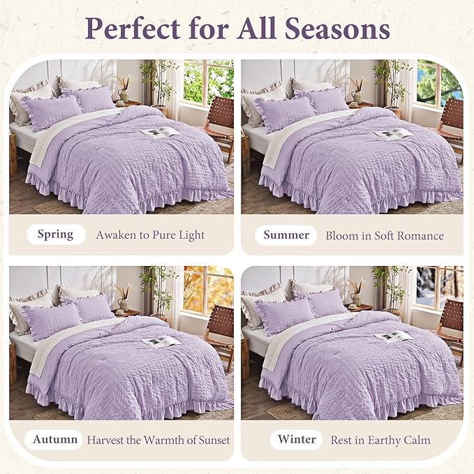 JOLLYVOGUE Lavender Twin Size Comforter Set, 2 Pieces Seersucker Lightweight Fluffy Bedding Set, Twin Ruffle Comforter, All Season Soft Microfiber Shabby Chic Bed Set