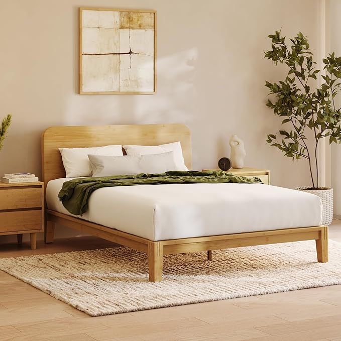Nectar Bamboo Platform Bed Frame & Headboard - Natural - Queen - Floating Center Support Legs - 12” Height - Easy Tool Free Set Up - Contemporary - Sturdy Wooden Support Slats - Holds Up To 800 Pounds
