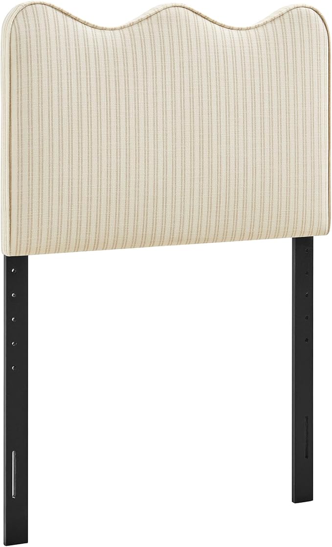 Monday Athena Striped Fabric Upholstered Twin Size Adjustable Headboard in Oatmeal Stripe - with Scalloped Wave Design and Soft Linen-Like Fabric