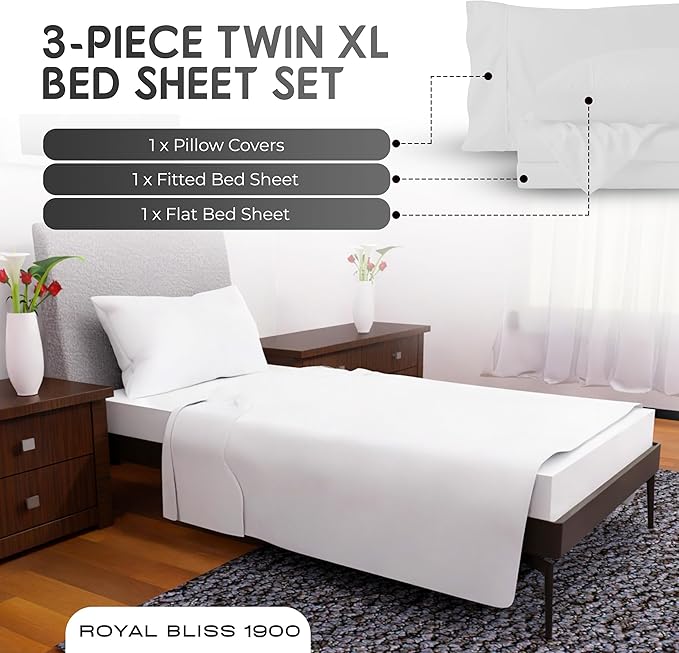 Twin XL Sheets Set - 3 Piece Bedding - Wrinkle Free, Fade Resistant, Double Brushed Microfiber - Deep Pockets/Easy Fit - 1800 Series Ultrasoft, Cooling Sheets (White)