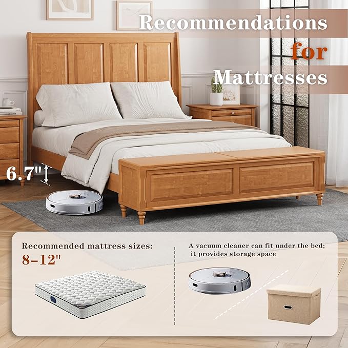 KEIKI Queen Size Platform Bed Frame with Storage Chest, Wooden Sleigh Bed with High Headboard and Footboard Storage Bench, Solid Wood Construction, No Box Spring Needed, Natural