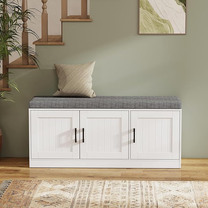 Turosur Shoe Storage Bench with Cabinet, 3-Tier Entryway Bench with Padded Seat Cushion, Shoe Cabinet Bench with 4 Adjustable Shelves for Bedroom, Mudroom, White