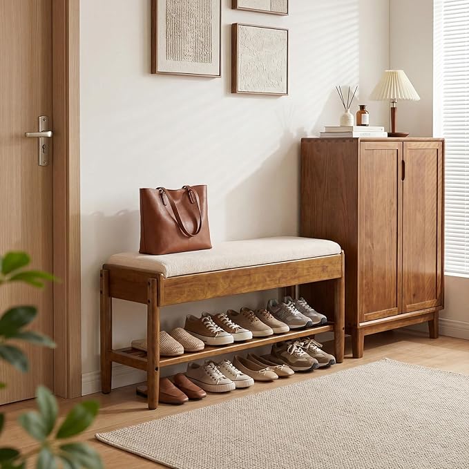 YEPDIN 2 Tier Shoe Rack Bench with Flip-Top Storage,39.3" Solid Wood Shoe Rack Bench with Chenille Cushion,for Entryway, Hallway,Living Room, Bedroom, Closet