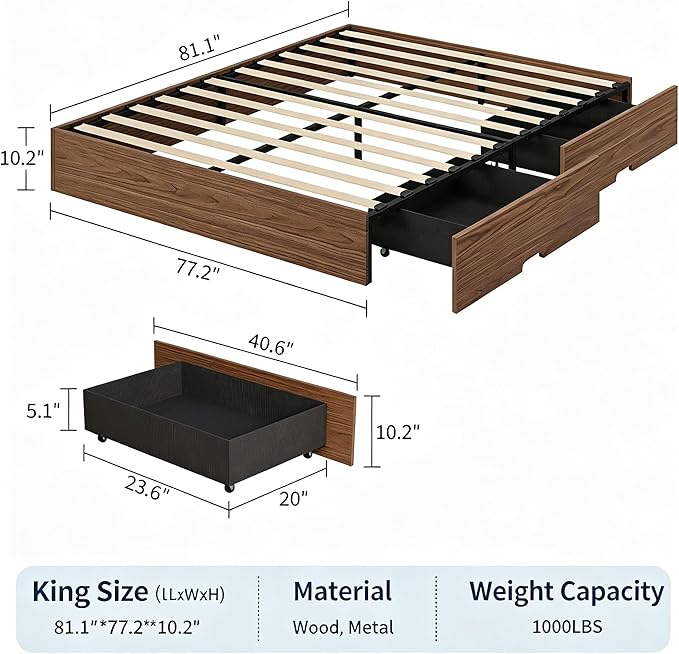 IDEALHOUSE King Bed Frame with 2 Storage Drawers, Wooden Bed Frame Without Headboard, Minimalist Floor Platform Bed, Wood Slat Support, Noise Free, No Box Spring Needed, Easy Assembly