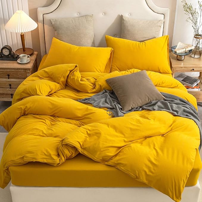 PURE ERA Jersey Knit Duvet Cover Set 100% T-Shirt Cotton Super Soft Comfy 3pc Bedding Set with Zipper Closure (Solid Yellow, King)