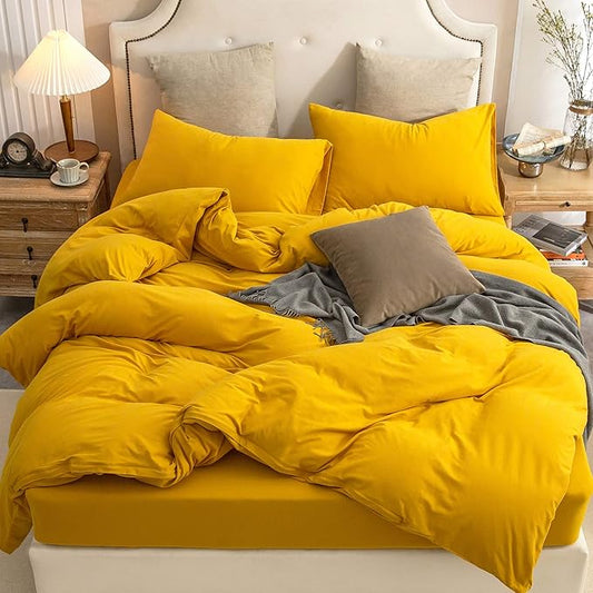 PURE ERA Jersey Knit Duvet Cover Set 100% T-Shirt Cotton Super Soft Comfy 3pc Bedding Set with Zipper Closure (Solid Yellow, King)
