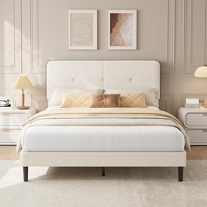 Garvee Full Bed Frame, Velvet Upholstered Platform Bed Frames with Adjustable Headboard, No Box Spring Needed, Anti-Noise EVA Sponge, Sturdy Metal Support, Easy Assembly, White & Black Trim