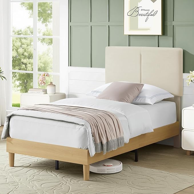 VECELO Twin Size Bed Frame Set of 2, Upholstered Platform with Height-Adjustable Cotton and Linen Headboard, Heavy Duty Wood Slats, Noise-Free, No Box Spring Needed, Easy Assembly, Beige