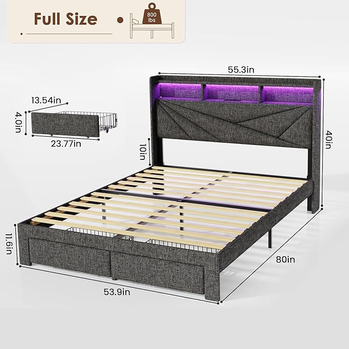 Driftalia LED Full Size Bed Frame with 2 Storage Drawers, Upholstered Full Bed Frame with Headboard and Charging Station, No Box Spring Needed, Easy to Assembly-Dark Grey