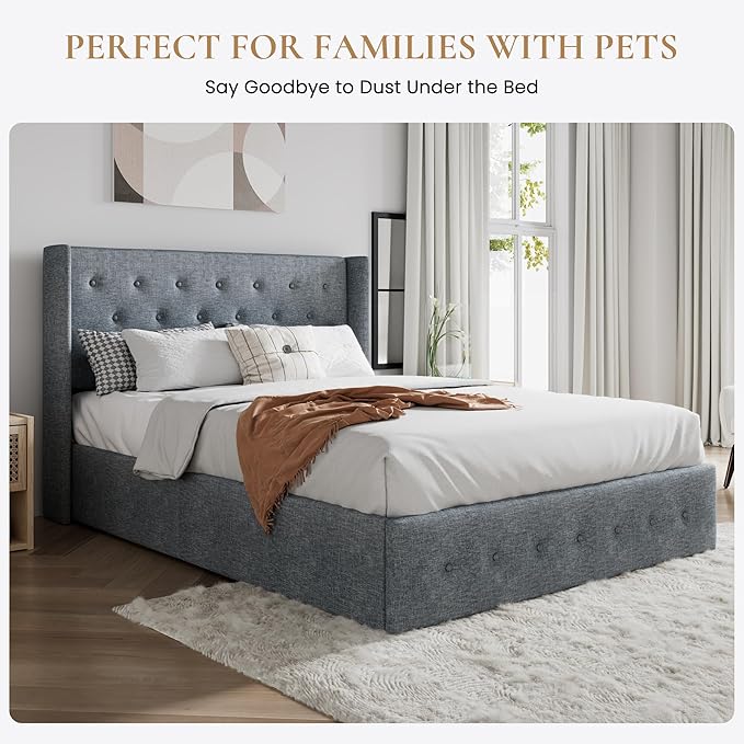 SHA CERLIN Queen Size Lift Up Storage Bed Frame,Button Tufted Wingback Headboard,Upholstered Platform,Hydraulic Storage,Wooden Slat Support,No Box Spring,Grey Blue
