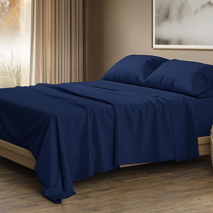 THREAD SPREAD 100% Egyptian Cotton Sheets California King Size - 1500 Series Cal King Sheets Egyptian Cotton (4 PC, Navy Blue), Silky Soft, Sateen Weave, Cooling & Breathable, 17" Deep Pocket Bed Set