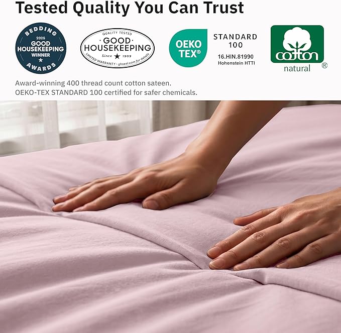 Duvet Cover Twin/Twin XL Only - Premium 400 Thread Count, Natural 100% Cotton Twin Cotton Duvet Cover, Soft Sateen, Button Closure and Corner Ties - Pink