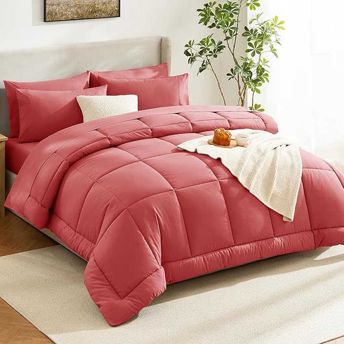CozyLux King Size Comforter Set Coral, 7 Pieces Bed in a Bag, Coral Comforter King Size, All Season Bedding Sets with Stitch Quilted Comforter, Flat Sheet, Fitted Sheet, Pillowcases