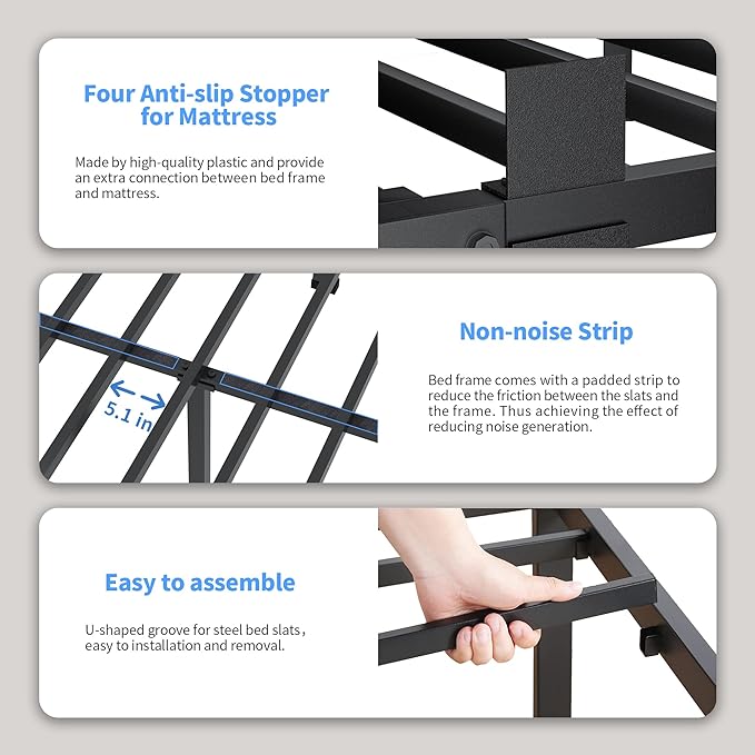 ROIL 18 Inch Twin Bed Frame with Rounded Corner and Headboard Hole Mattress Retainers 3500LBS Metal Heavy Duty Steel Slats No Box Spring Needed Platform Noise-Free Easy Assembly