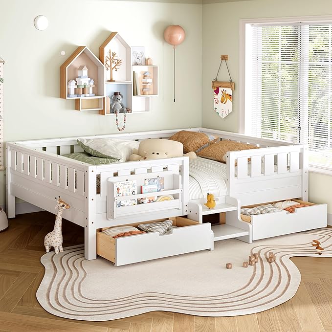 Bellemave Queen Size Kids Montessori Bed with Stairs and Bookshelf,Solid Wood Queen Size Kids Bed Frame with Drawers and Storage for Girls Boys,Low-Profile,White