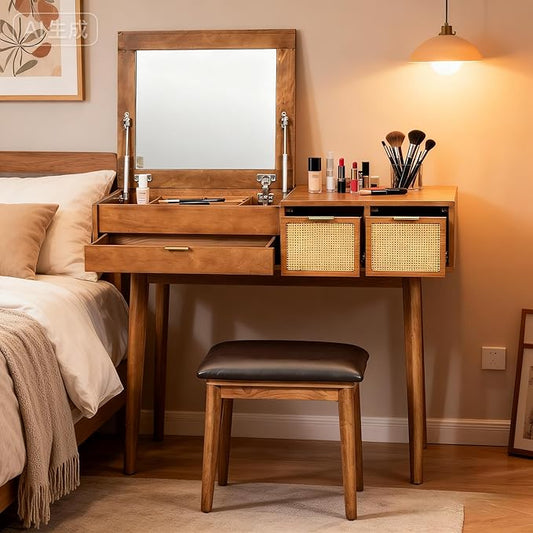 43.3" Makeup Vanity Desk with Flip Top Mirror and Stool, 2-in-1 Rattan Dressing Table Set with 3 Storage Compartments & Dividers, Mid-Century Modern Solid Wood Vanity for Bedroom, Brown