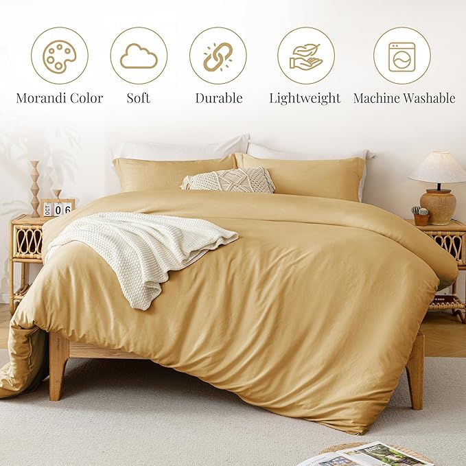 MILDLY Super Soft Duvet Cover - 100% Washed Microfiber Warm Mustard Yellow Comforter Cover Set 3 Pieces with Zipper Closure & Corner Ties (No Comforter)