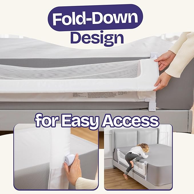 ComfyBumpy Premium Adjustable Bed Rail for Toddlers, Swing-Down Safety Guard, Height Adjusts 24.4"–32.3"H, Extra-Long 55.5", Sturdy Steel & Breathable Mesh, For Twin, Full, Queen & King, White, 1-Pack