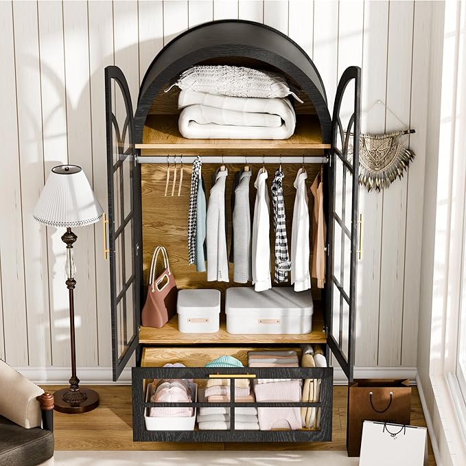 Armoire Wardrobe Closet with Drawer, 71”Tall Arched Wardrobe Cabinet with Hanging Rod&Glass Door – Wooden Freestanding Clothing Storage Cabinet Closet Organizer for Bedroom, Entryway or Dorm