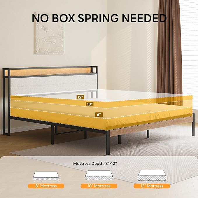 LIKIMIO King Size Bed Frame, Storage Headboard with LED Lights and Charging Station, Metal Platform Bed No Box Spring Needed, Noise Free, Under Bed Storage, Natural and Cream