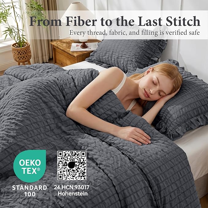 JOLLYVOGUE Dark Gray Queen Comforter Set, 3 Pieces Seersucker Bedding Comforter Sets, All Season Bed in a Bag Queen, Lightweight & Fluffy Queen Bedding Set with 1 Comforter, 2 Ruffle Pillowshams