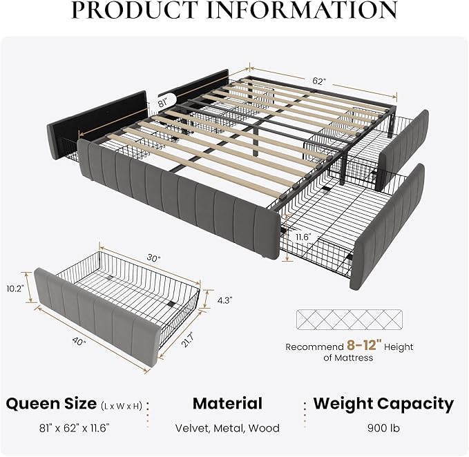 SHA CERLIN Queen Size Velvet Upholstered Platform Bed Frame with 4 Storage Drawers, Vertical Channel Tufted, Low Profile, Fits Standard Headboards, Wooden Slats Support, Easy Assembly, Grey