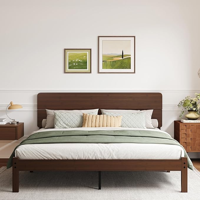 BOSRII 14in High Solid Bamboo Wood Platform King Size Bed Frame with Headboard, Reinforced Heavy Duty Metal Slats, Noise Free, No Box Spring Needed, Easy Assembly, Walnut
