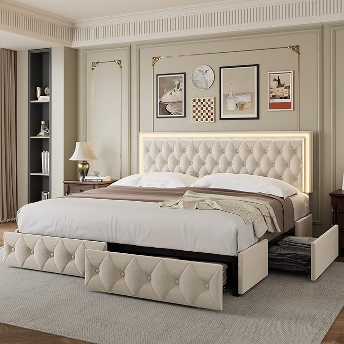 Keyluv Full Upholstered LED Bed Frame with 4 Drawers, Velvet Platform Storage Bed with Adjustable Button Tufted Headboard and Solid Wooden Slats Support, No Box Spring Needed, Beige