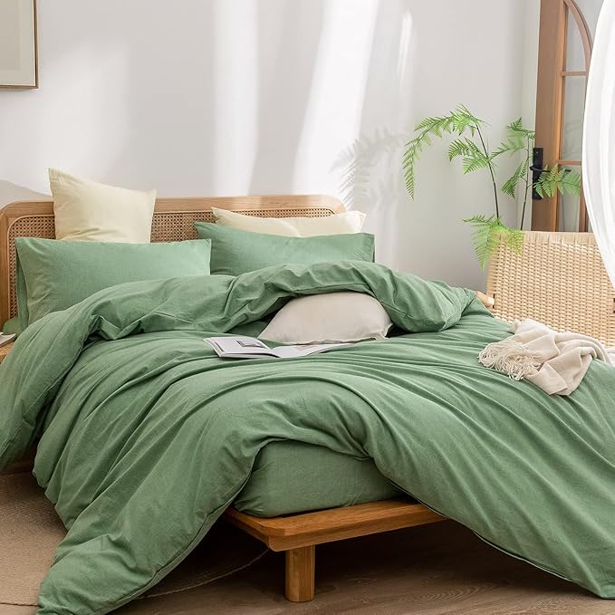 BESTOUCH Duvet Cover Set 100% Washed Cotton Linen Feel Super Soft Comfortable Chic Lightweight 3 PCs Home Bedding Set Light Grass Green Queen