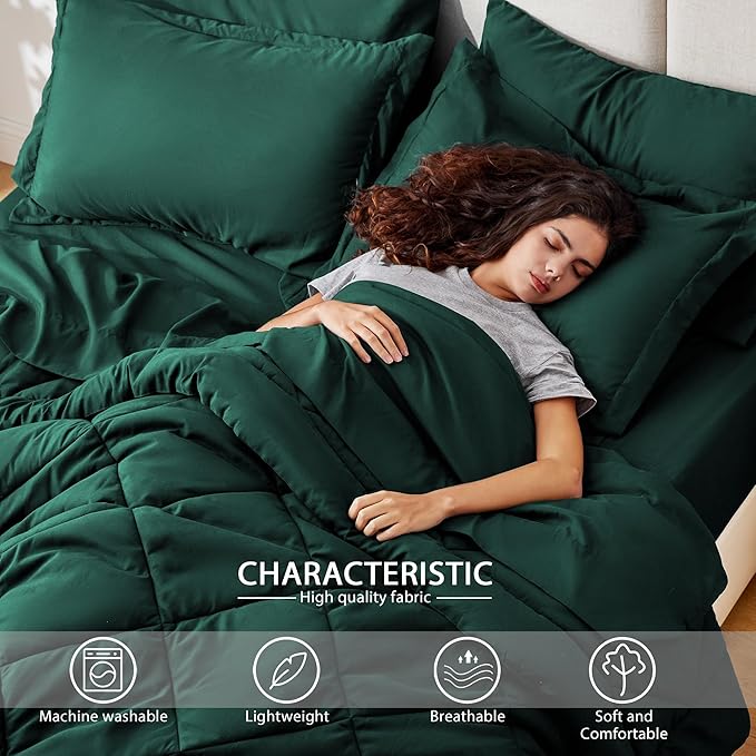 Love's cabin California King Comforter Set Dark Green, 7 Pieces California King Bed in a Bag, All Season Bedding Sets with 1 Comforter, 1 Flat Sheet, 1 Fitted Sheet, 2 Pillowcase and 2 Pillow Sham | Soft, Breathable, Lightweight, Comfortable