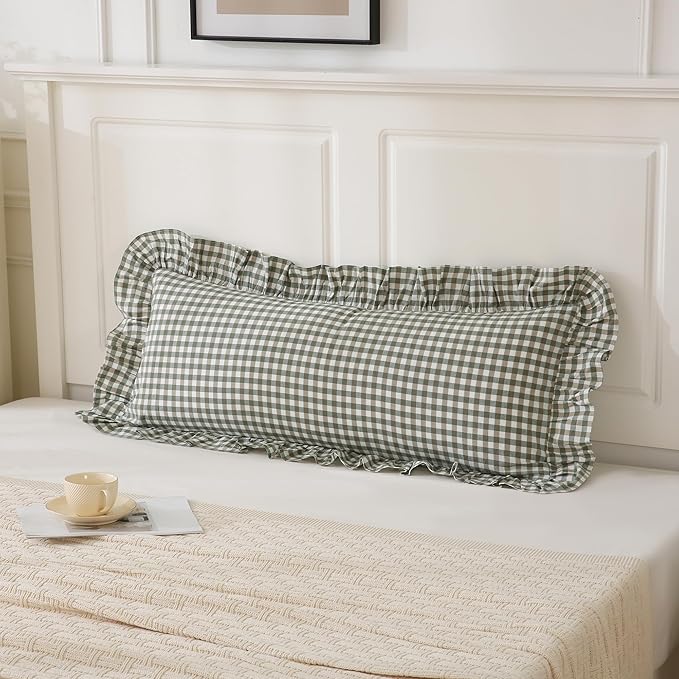 14x36 inches Sage Green Plaid Ruffle Lumbar Pillow Sham 1 Piece, Pure Cotton Gingham Decor Pillowcase French Country Vintage Cushion Cover for Bedding Couch