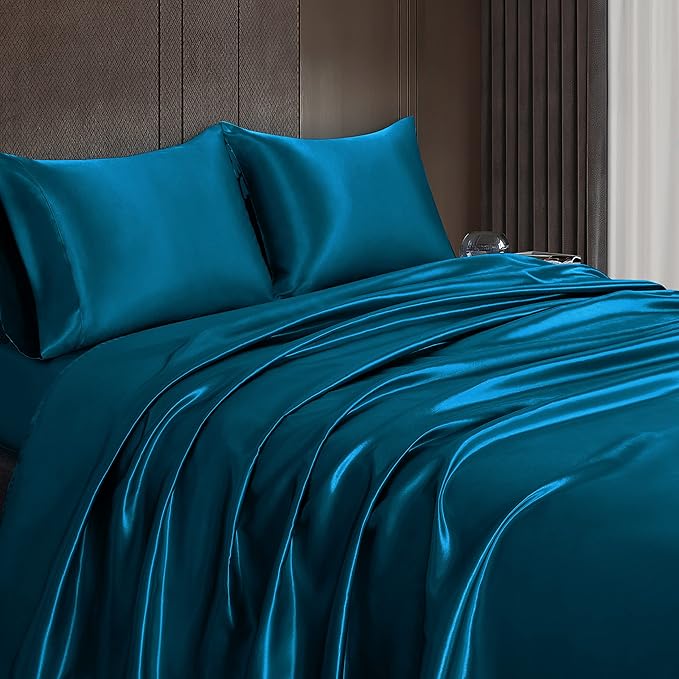 Homiest 4pcs Satin Sheets Set Luxury Silky Satin Bedding Set with Deep Pocket, 1 Fitted Sheet + 1 Flat Sheet + 2 Pillowcases (Full Size, Dark Teal)