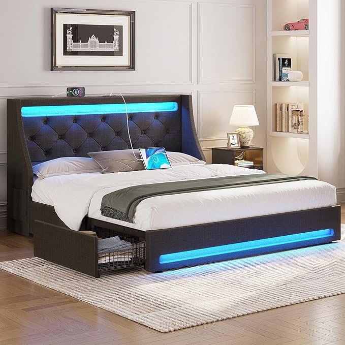 Rolanstar Queen Bed Frame with LED Lights and Charging Station, Upholstered Bed with Drawers, Wooden Slats, Noise Free, Easy Assembly, Dark Gray