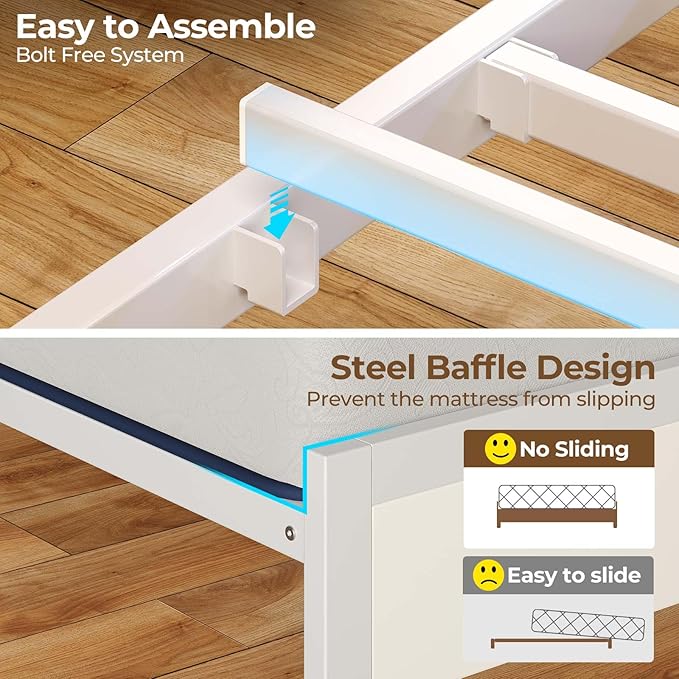 Rolanstar Bed Frame Full Size with Charging Station and LED Lights, Upholstered Headboard with Storage Shelves, Heavy Duty Metal Slats, No Box Spring Need, Noise Free, Easy Assembly, White